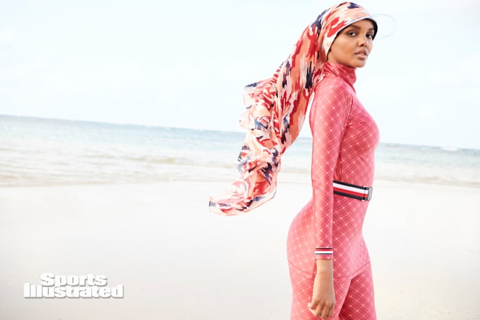 Halima Aden was shot by Kate Powers in the Dominican Republic.  Burkini by Tommy Hilfiger.
